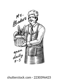 Un panadero con una canasta de pan. Grabado a mano en boceto antiguo y estilo vintage para etiqueta, logo y menú, panadería.