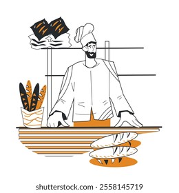 Baker behind the counter selling fresh bread in a bakery, cartoon vector illustration isolated on a white background. Character for bakery, pastry and confectionery promo materials.