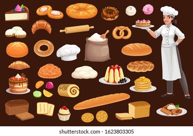 Baker with bread, pastry food. Cartoon vector baguette, croissant, wheat and rye loaves, cake, donut and bagel, cupcake, cookie and toast, sweet bun, pancake and pie, gingerbread, flour and baker hat