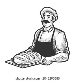 baker with bread sketch engraving vector illustration. T-shirt apparel print design. Scratch board imitation. Black and white hand drawn image.