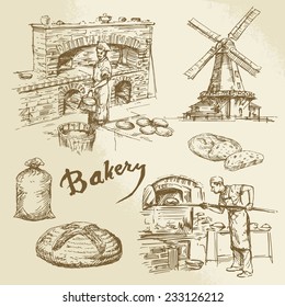 baker, bread, windmill - hand drawn collection