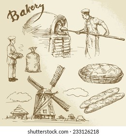 baker, bread, windmill - hand drawn collection