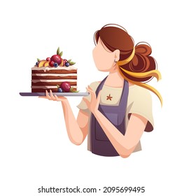 Baker with cake. Baking, bakery shop, cooking, sweet products, dessert, pastry, confectioner concept. Isolated Vector illustration for poster, banner, card, cover, advertising.