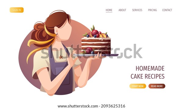 Baker with cake. Baking,\
bakery shop, cooking, sweet products, dessert, pastry, confectioner\
concept. Vector illustration for poster, banner, website,\
advertising.