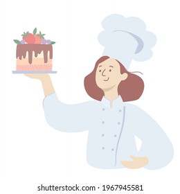 Baker with cake in her hand. Professional cooker proposes masterpiece cake. Confectionery scene. Flat vector illustration