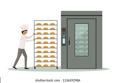 Baker Carrying Rack Full Of Bread To An Industrial Oven.