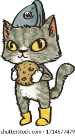 the baker cat with his favourite tuna hat and delicious cookies