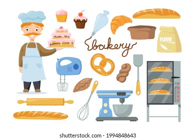 Baker character with equipment for kids vector illustrations set. Male character holding cake, bag of flour, bread in oven, mixer isolated on white background. Professions, food, bakery concept