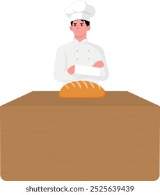 baker, chef, with hands crossed, with a counter with bread in front of him, illustration