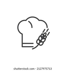 Baker chef hat line icon. linear style sign for mobile concept and web design. Cook hat and wheat outline vector icon. Bakery symbol, logo illustration. Vector graphics