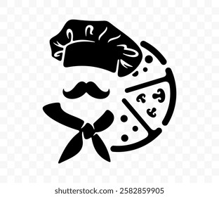 Baker or chef in hat and pizza, graphic design. Food, meal, pizzeria, bakery, bakehouse and bakeshop, vector design and illustration