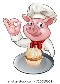 A baker or chef pig cartoon character mascot holding a fairy cup cake and doing a perfect hand gesture