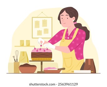 Baker Chef Woman Doing Cake Decorating in Bakery Shop