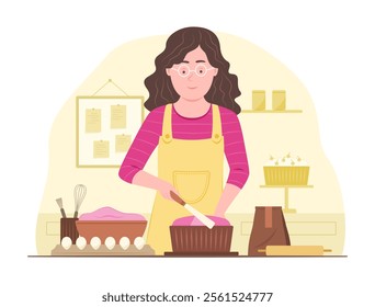 Baker Chef Woman Spreading Cream on Cake