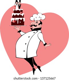 Baker in chef's uniform bringing a tiered chocolate wedding cake with bride and groom topping, pink heart on the background. Vector illustration