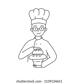Baker in a chef's uniform with various baked goods. For the bakery, advertising, website. Vector illustration.
