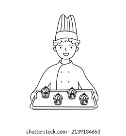 Baker in a chef's uniform with various baked goods. For the bakery, advertising, website. Vector illustration.