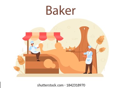 Baker concept. Chef in the uniform baking bread. Baking pastry process. Bakery worker and pastries goods. Isolated vector illustration