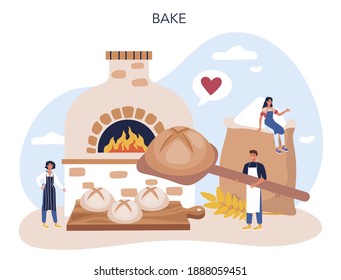 Baker concept. Chef in the uniform baking bread. Baking pastry process. Bakery worker and pastries goods. Isolated vector illustration