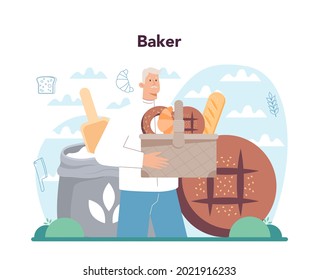 Concepto de Baker. Chef con el uniforme de pan. Proceso de pastelería. Trabajador de panadería y tienda de pastelería. Ilustración vectorial aislada