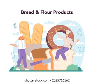 Baker concept. Chef in the uniform baking bread. Baking pastry process. Bakery worker and pastries goods shop. Isolated vector illustration