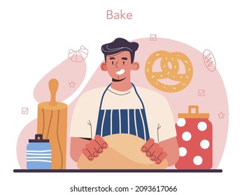 Baker concept. Chef in the uniform baking bread. Baking pastry process. Bakery worker cooking pastries goods. Isolated vector illustration