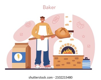 Baker concept. Chef in the uniform baking bread. Baking pastry process. Bakery worker cooking pastries goods. Isolated vector illustration