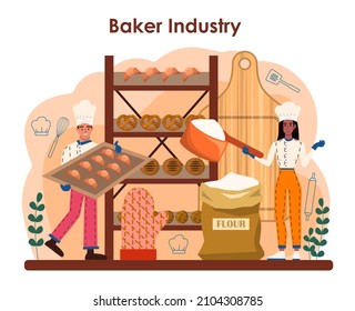 Baker concept. Chef in the uniform baking bread. Baking pastry process. Bakery worker selling pastries goods in a shop. Isolated vector illustration