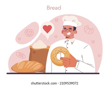 Baker concept. Chef in the uniform baking bread. Baking pastry process. Bakery worker cooking pastries goods. Isolated vector illustration