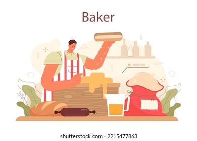 Baker-Konzept. Küchenchef im einheitlichen Backbrot. Backgebäck. Bäckereiarbeiter, die Backwaren in einem Laden verkaufen. Flache Vektorgrafik