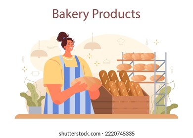 Baker concept. Chef in the uniform baking bread and pastry. Bakery worker selling bakery products in a store or food truck. Flat vector illustration