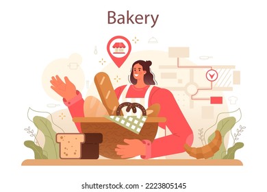 Baker concept. Chef in the uniform baking bread. Baking pastry process. Bakery worker selling pastries goods in a store. Flat vector illustration