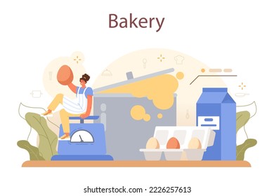 Baker concept. Chef in the uniform baking bread and pastry. Bakery worker selling bakery products in a store or food truck. Flat vector illustration