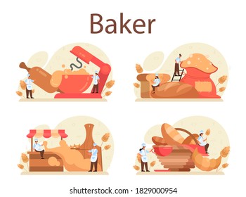 Baker concept set. Chef in the uniform baking bread. Baking pastry process. Bakery worker and pastries goods. Isolated vector illustration