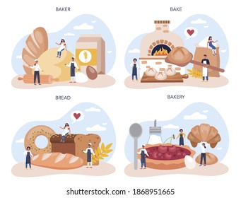 Baker concept set. Chef in the uniform baking bread. Baking pastry process. Bakery worker and pastries goods. Isolated vector illustration