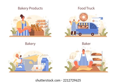 Baker Concept Set. Chef In The Uniform Baking Bread And Pastry. Bakery Worker Selling Bakery Products In A Store Or Food Truck. Flat Vector Illustration