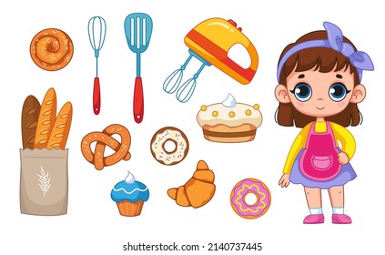 Baker or confectioner chef character set, baking and kitchen utensils. Mixer, cake, donuts, pastries and a cute little girl in a uniform and a white hat. Vector cartoon clipart isolate