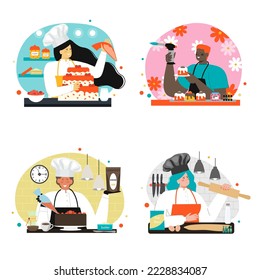 Baker and confectioner pastry chef scene set