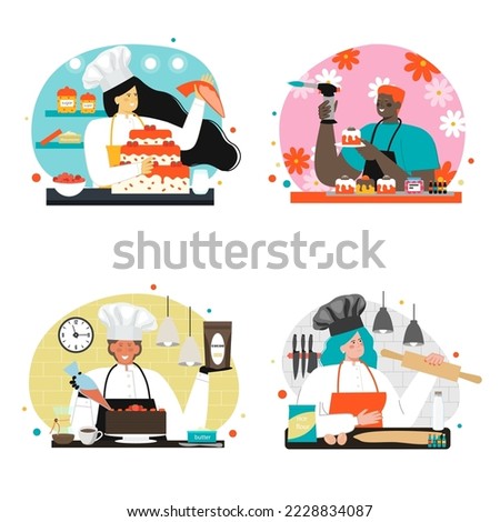 Baker and confectioner pastry chef scene set