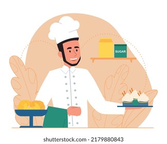 Baker with confectionery. Male pastry chef holds tray with fresh baked cakes in his hands. Plate of croissants on table. Design element for bakery advertising. Cartoon flat vector illustration