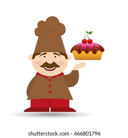 baker cooking and holding sweet cake illustration