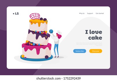Baker Cooking Pie with Cream Landing Page Template Tiny Confectioner or Baker Female Character in Chief Uniform and Toque Decorate Huge Festive Wedding or Birthday Cake. Cartoon Vector Illustration
