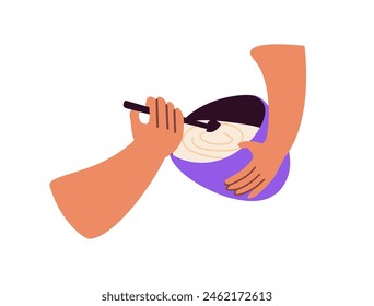 Baker cooks bakery. Preparing of flour food. Cooking of homemade confectionery. Hands blend, stir dough, mix ingredients with spoon in bowl. Flat isolated vector illustration on white background