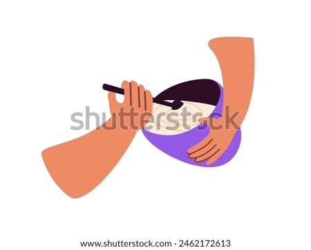 Baker cooks bakery. Preparing of flour food. Cooking of homemade confectionery. Hands blend, stir dough, mix ingredients with spoon in bowl. Flat isolated vector illustration on white background