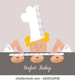Baker cooks fresh baked and pastry production and measures them with a ruler. Woman in uniform makes donuts. Cooking, bakery design. Flat vector character.