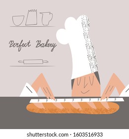 Baker cooks fresh baked and pastry production and measures them with a ruler. Man in uniform makes a baguette. Cooking, bakery design. Flat vector character.