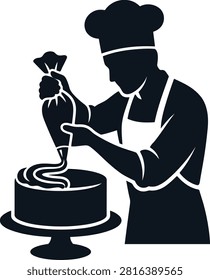 Baker decorating cake, chef hat, apron, cooking dessert, confectionery.