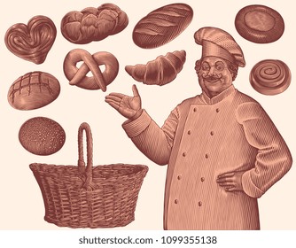 Baker. Design set. Hand drawn engraving. Vector vintage illustration. Isolated on white background. 8 EPS