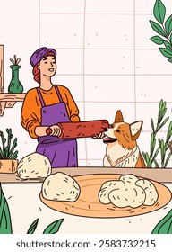 Baker with dog in kitchen baking scene. Woman holding rolling pin beside corgi dough on counter plants in background. Cozy domestic atmosphere