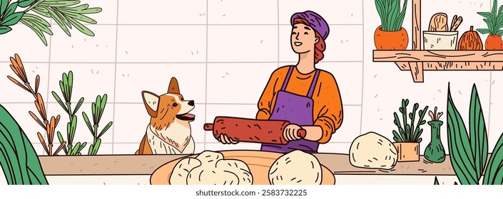 Baker with dog in kitchen baking scene cozy home environment dough plants vibrant colors website banner